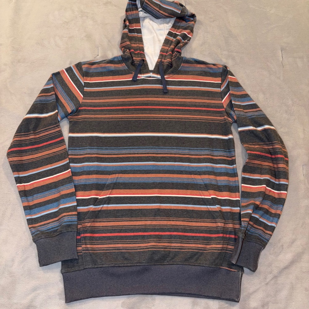 Southern‎ Lure Mens Striped Hoodie Small Charcoal Grey Orange Blue Pullover